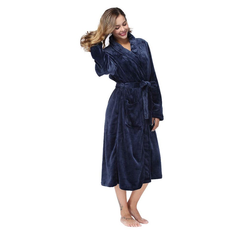 RONGTAI Womens Bathrobe Ladies Fleece Plush Warm Long Robes (Medium,Navy Blue) - Image 4